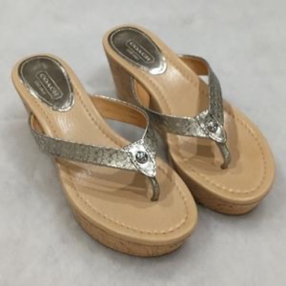Coach Jorgina Silver Leather Cork Wedge Sandals